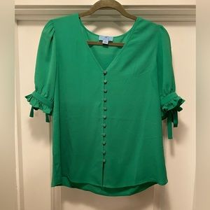 CeCe Green Button Up Bow Sleeve Blouse M